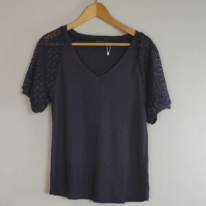 Merokeety Blue Cable Knit Sleeve Relaxed V-Neck Short Sleeve Blouse Top Size M